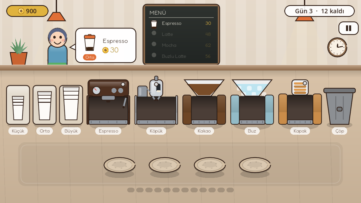 The counter: cup stacks, espresso machine, milk frother and the order board