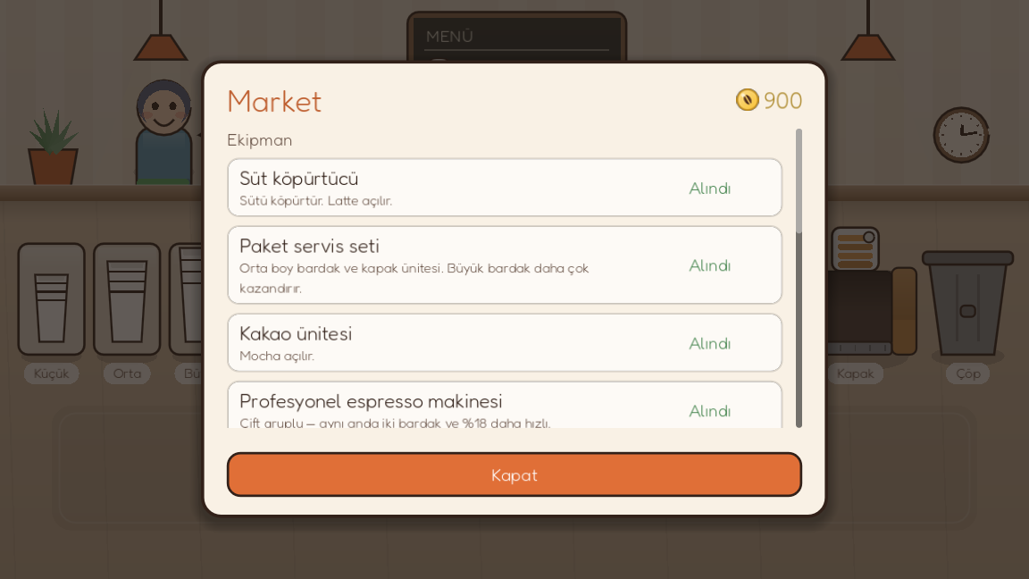 The shop screen: milk frother, takeaway set, cocoa unit